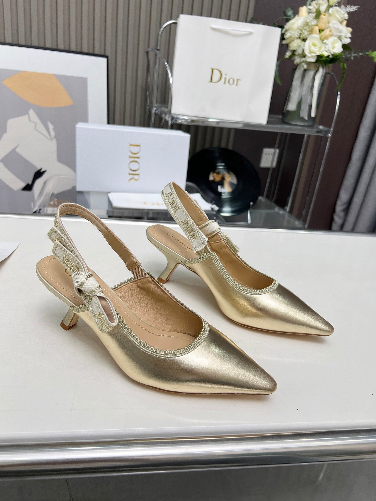 J'ADIOR SLINGBACK PUMP LIGHT GOLD CALFSKIN AND EMBROIDERED FABRIC 65 MM