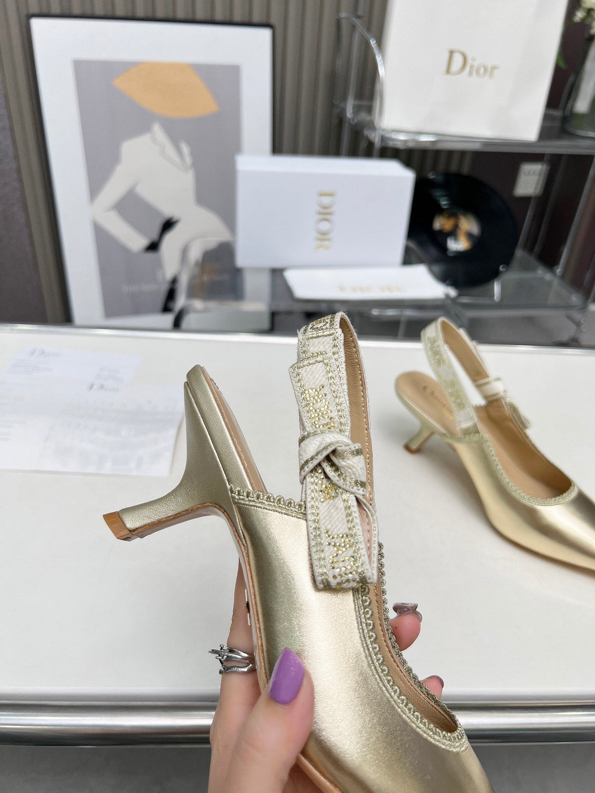 J'ADIOR SLINGBACK PUMP LIGHT GOLD CALFSKIN AND EMBROIDERED FABRIC 65 MM