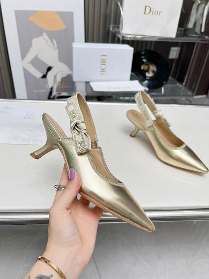 J'ADIOR SLINGBACK PUMP LIGHT GOLD CALFSKIN AND EMBROIDERED FABRIC 65 MM