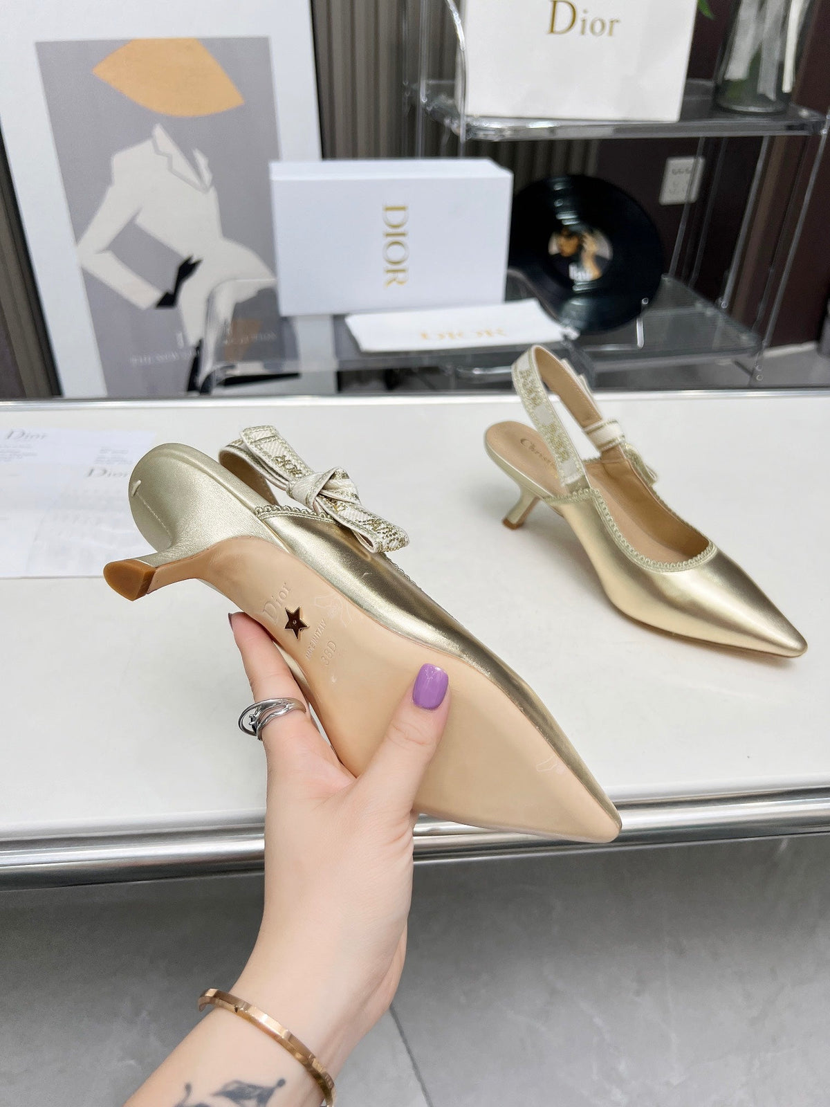J'ADIOR SLINGBACK PUMP LIGHT GOLD CALFSKIN AND EMBROIDERED FABRIC 65 MM