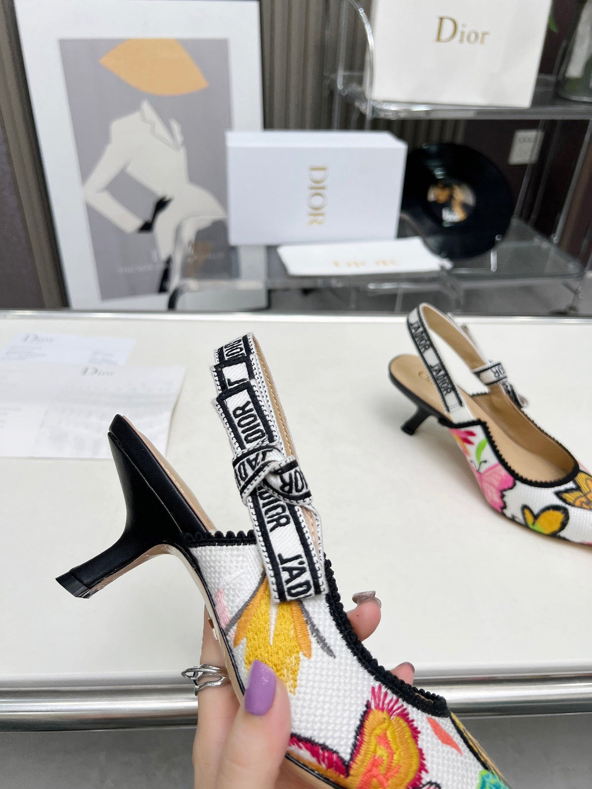 J'ADIOR SLINGBACK PUMP COLORFUL NATURAL RAFFIA AND EMBROIDERED COTTON 65 MM 130844