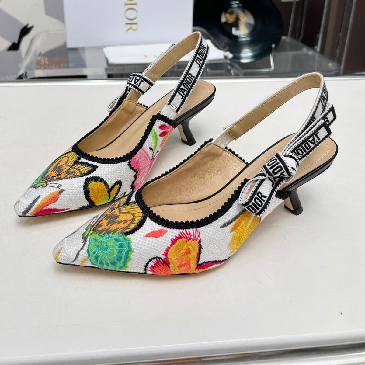 J'ADIOR SLINGBACK PUMP COLORFUL NATURAL RAFFIA AND EMBROIDERED COTTON 65 MM 130844