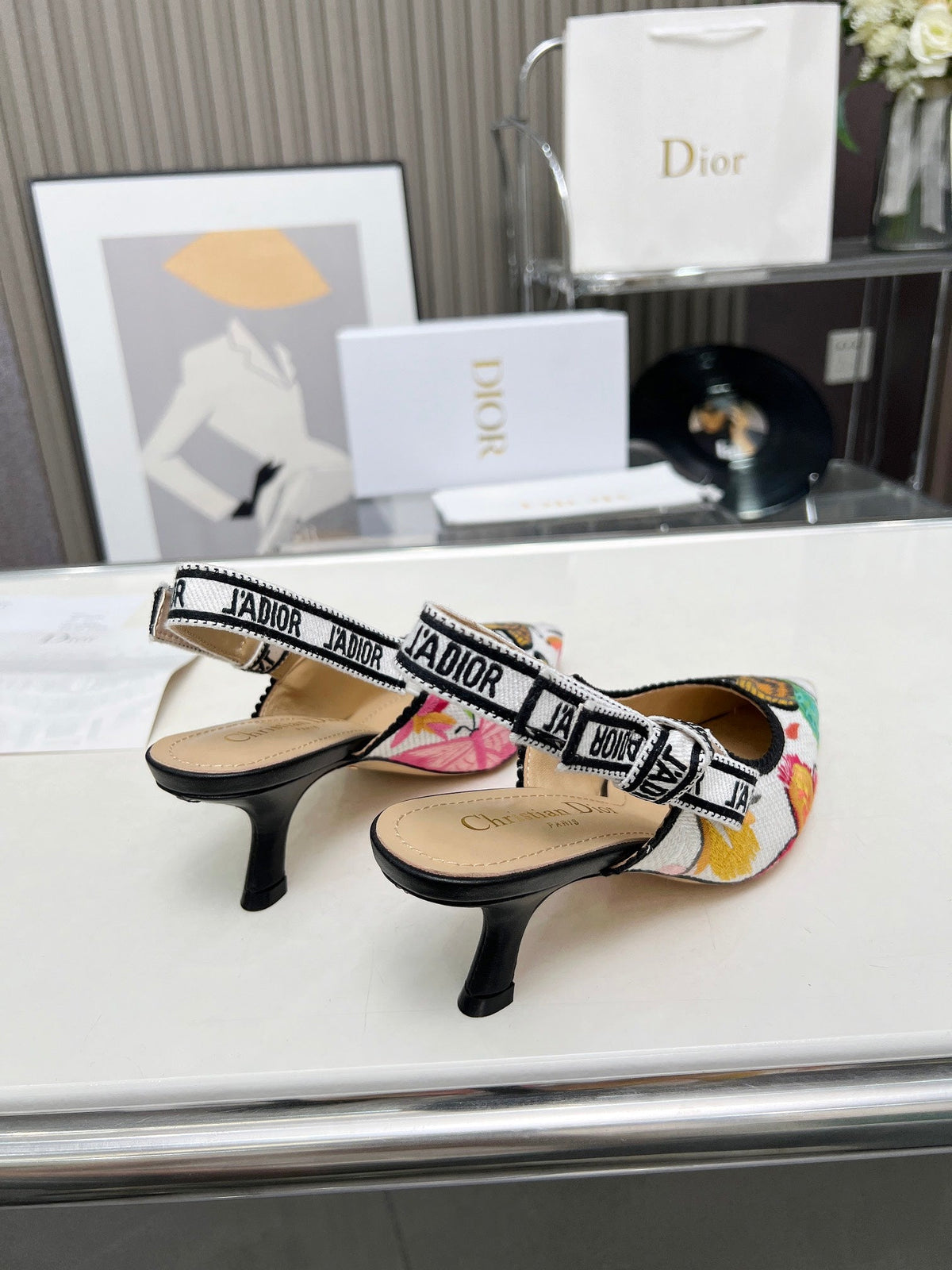 J'ADIOR SLINGBACK PUMP COLORFUL NATURAL RAFFIA AND EMBROIDERED COTTON 65 MM 130844