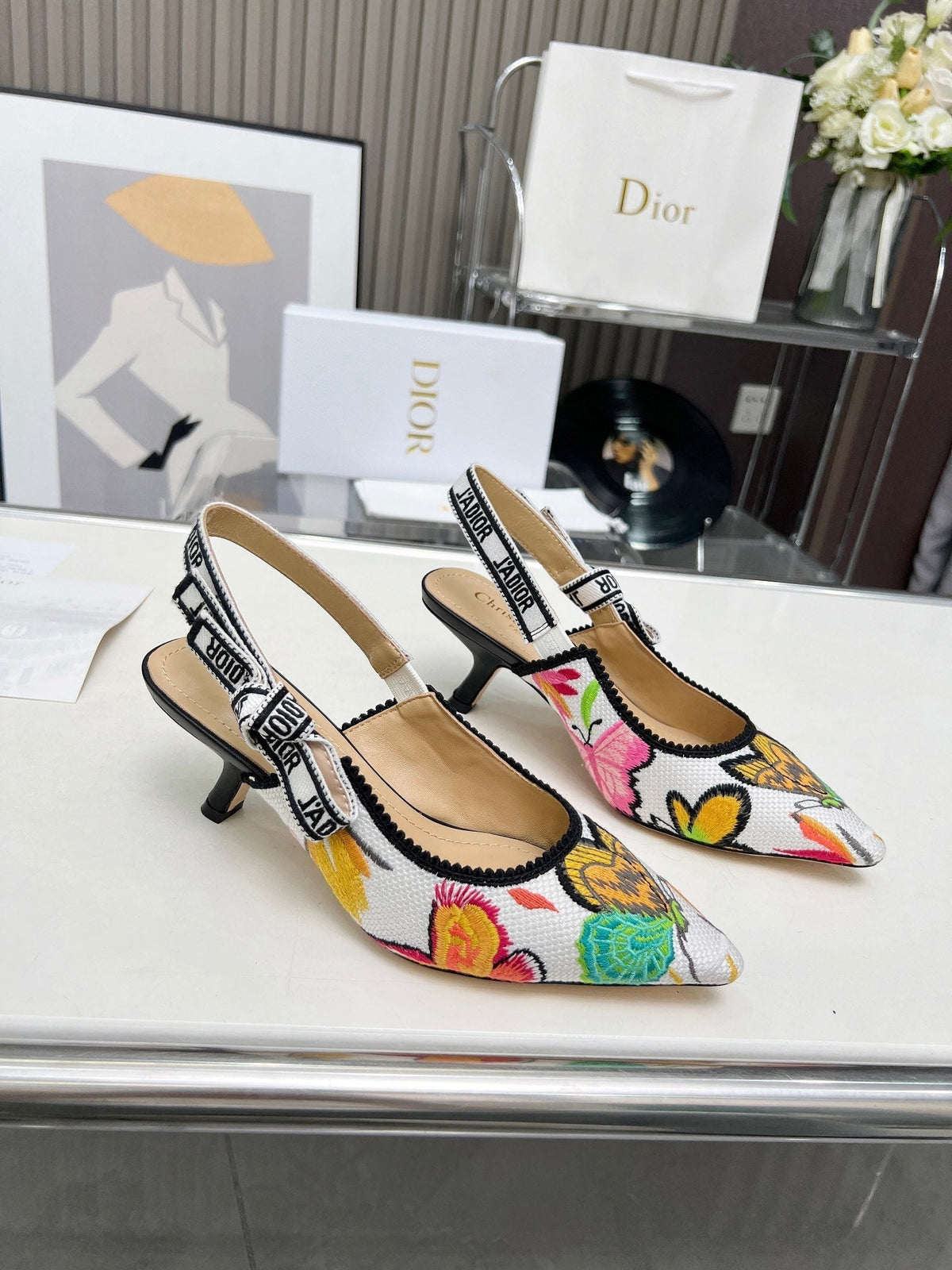 J'ADIOR SLINGBACK PUMP COLORFUL NATURAL RAFFIA AND EMBROIDERED COTTON 65 MM 130844