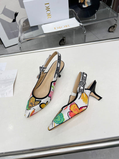 J'ADIOR SLINGBACK PUMP COLORFUL NATURAL RAFFIA AND EMBROIDERED COTTON 65 MM 130844