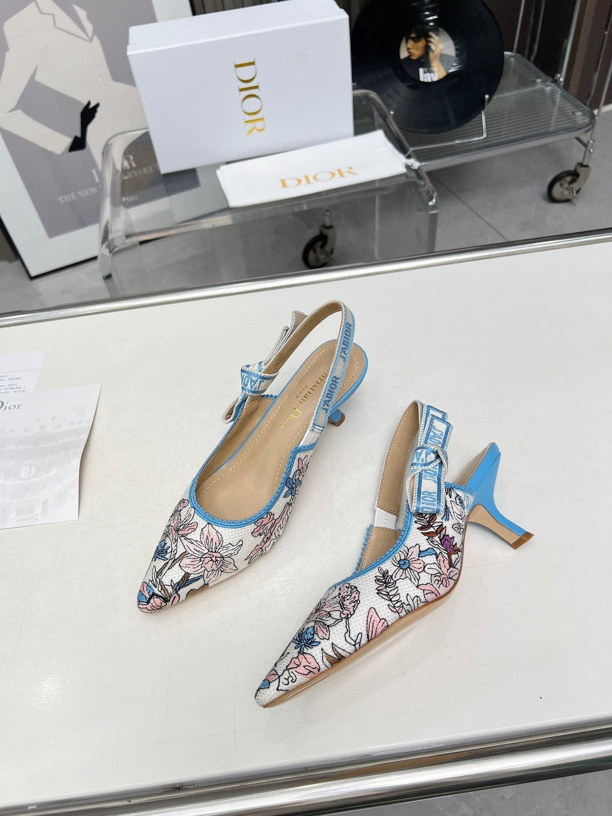 J'ADIOR SLINGBACK PUMP COLORFUL NATURAL RAFFIA AND EMBROIDERED COTTON 65 MM 130845