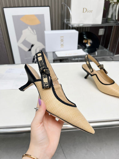 J'ADIOR SLINGBACK PUMP NATURAL RAFFIA AND BLACK EMBROIDERED COTTON 65 MM
