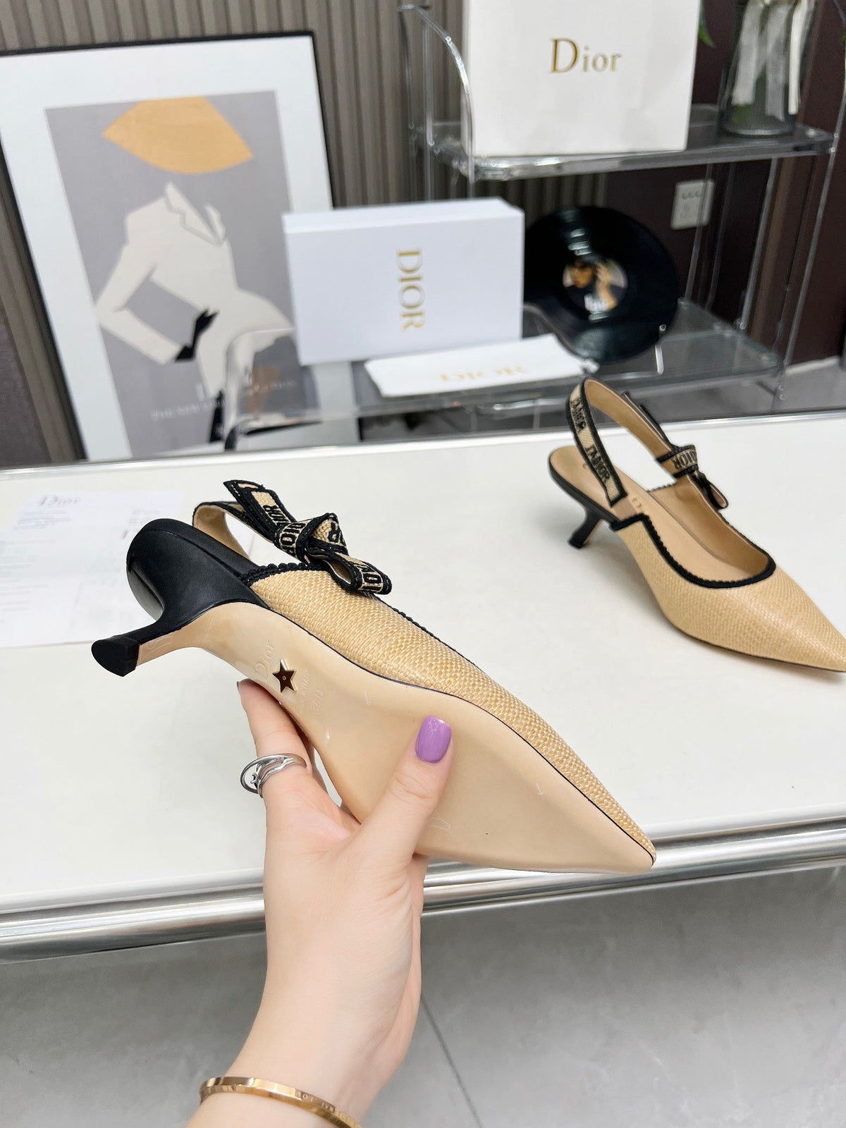 J'ADIOR SLINGBACK PUMP NATURAL RAFFIA AND BLACK EMBROIDERED COTTON 65 MM
