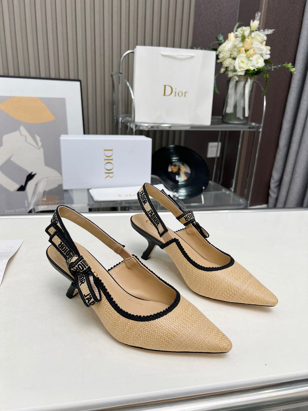 J'ADIOR SLINGBACK PUMP NATURAL RAFFIA AND BLACK EMBROIDERED COTTON 65 MM