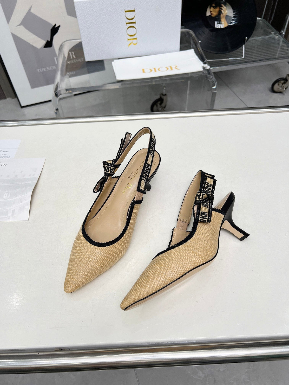 J'ADIOR SLINGBACK PUMP NATURAL RAFFIA AND BLACK EMBROIDERED COTTON 65 MM