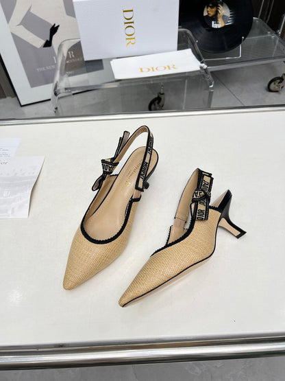 J'ADIOR SLINGBACK PUMP NATURAL RAFFIA AND BLACK EMBROIDERED COTTON 65 MM