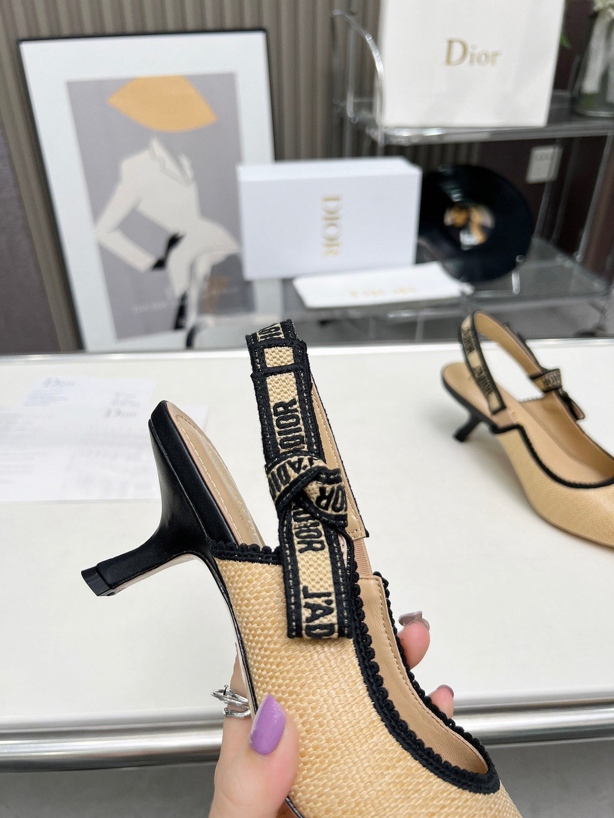 J'ADIOR SLINGBACK PUMP NATURAL RAFFIA AND BLACK EMBROIDERED COTTON 65 MM