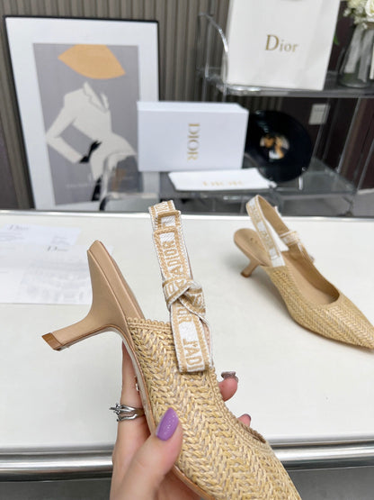 J'ADIOR SLINGBACK PUMP NATURAL RAFFIA AND BEIGE EMBROIDERED COTTON 65 MM