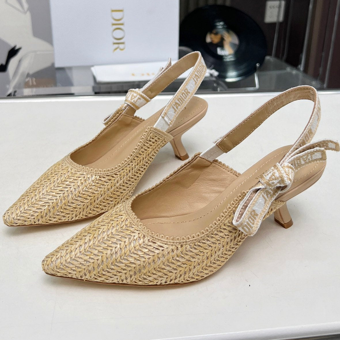 J'ADIOR SLINGBACK PUMP NATURAL RAFFIA AND BEIGE EMBROIDERED COTTON 65 MM