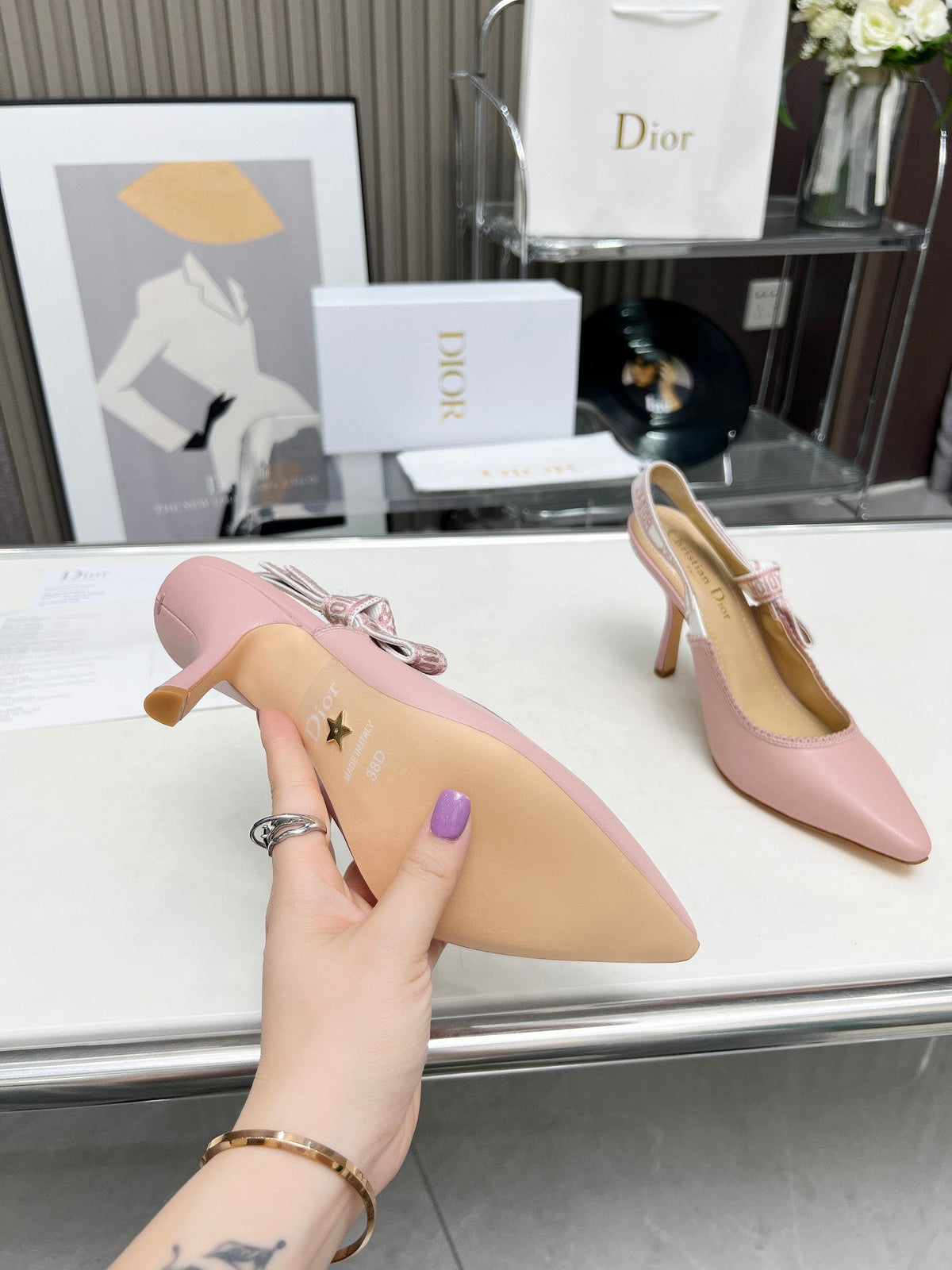 J'ADIOR SLINGBACK PUMP LIGHT PINK CALFSKIN AND EMBROIDERED FABRIC 10 CM
