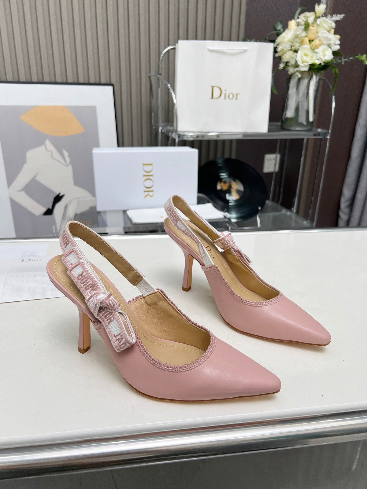 J'ADIOR SLINGBACK PUMP LIGHT PINK CALFSKIN AND EMBROIDERED FABRIC 10 CM