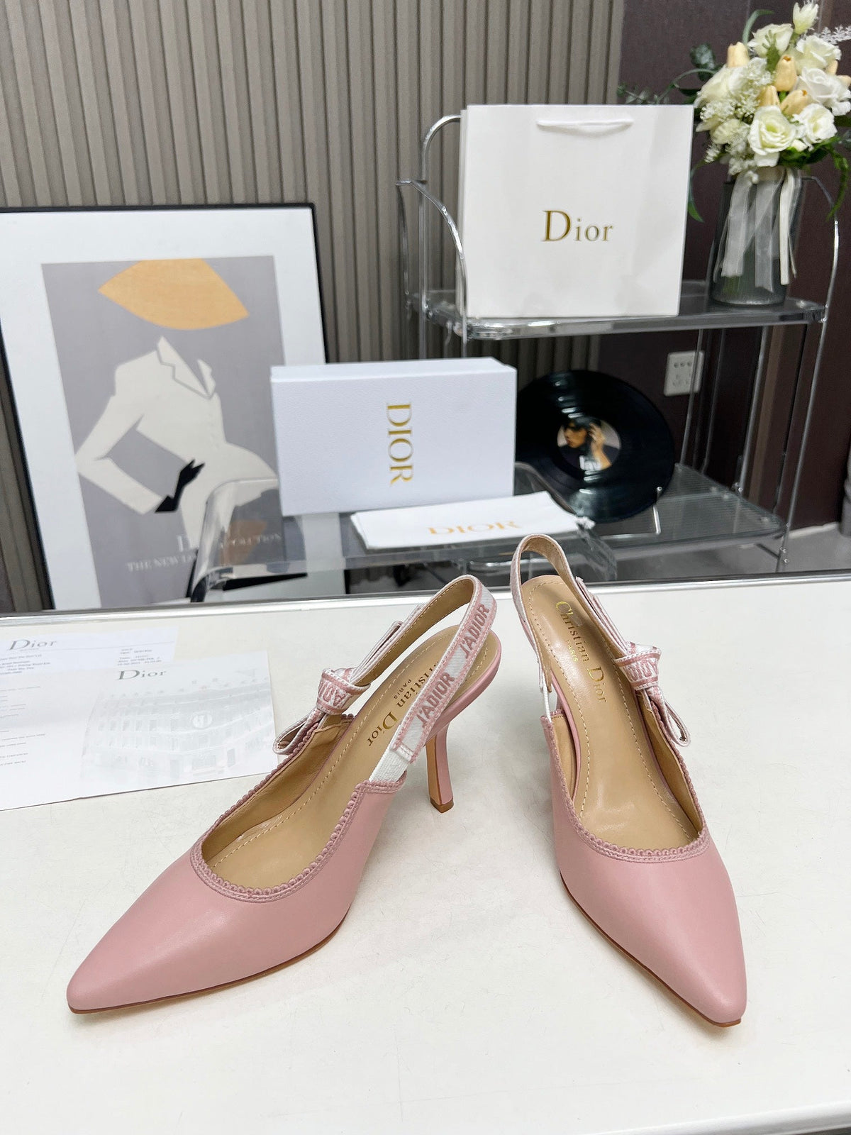 J'ADIOR SLINGBACK PUMP LIGHT PINK CALFSKIN AND EMBROIDERED FABRIC 10 CM