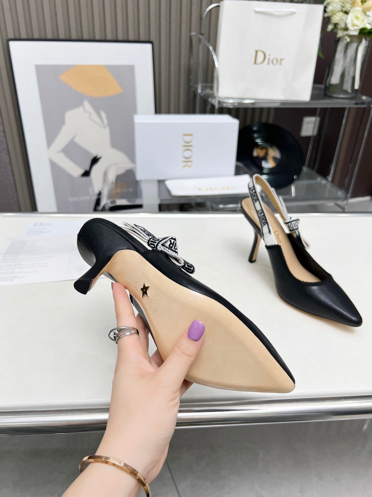 J'ADIOR SLINGBACK PUMP BLACK CALFSKIN AND BLACK EMBROIDERED FABRIC 10 CM