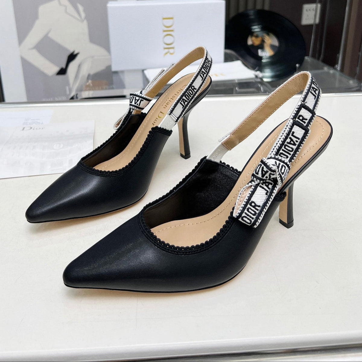 J'ADIOR SLINGBACK PUMP BLACK CALFSKIN AND BLACK EMBROIDERED FABRIC 10 CM