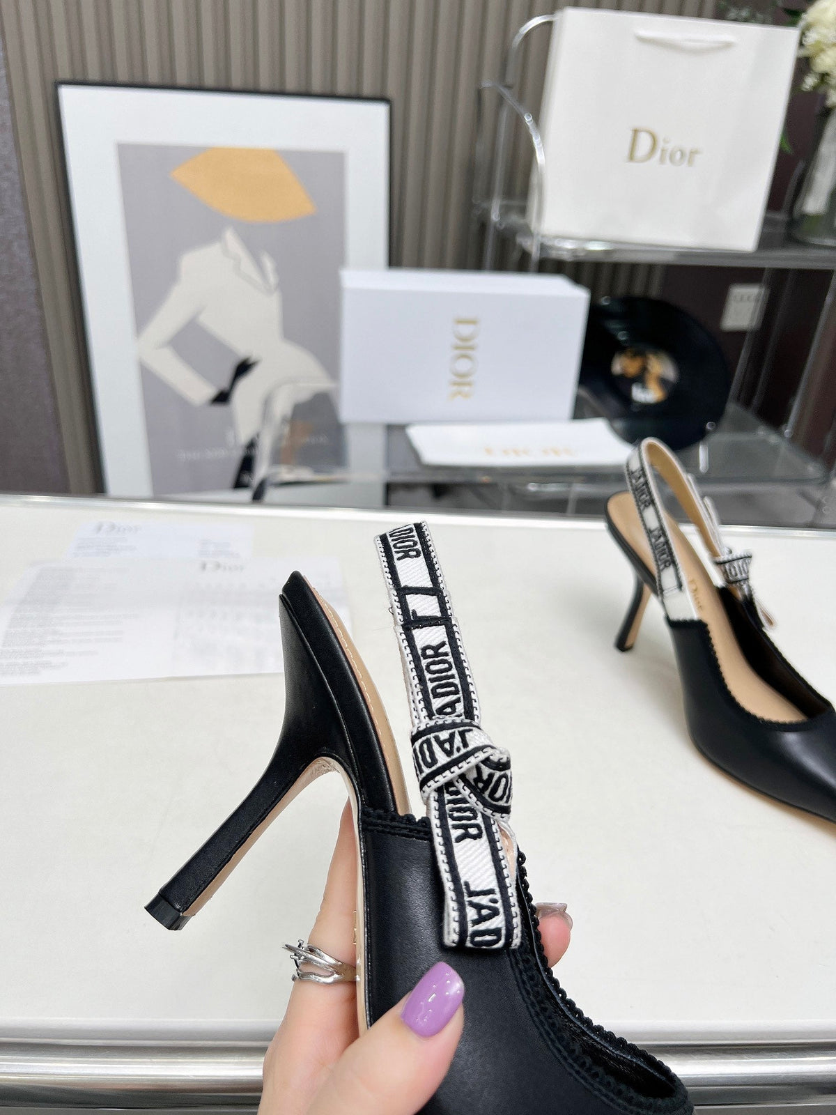 J'ADIOR SLINGBACK PUMP BLACK CALFSKIN AND BLACK EMBROIDERED FABRIC 10 CM