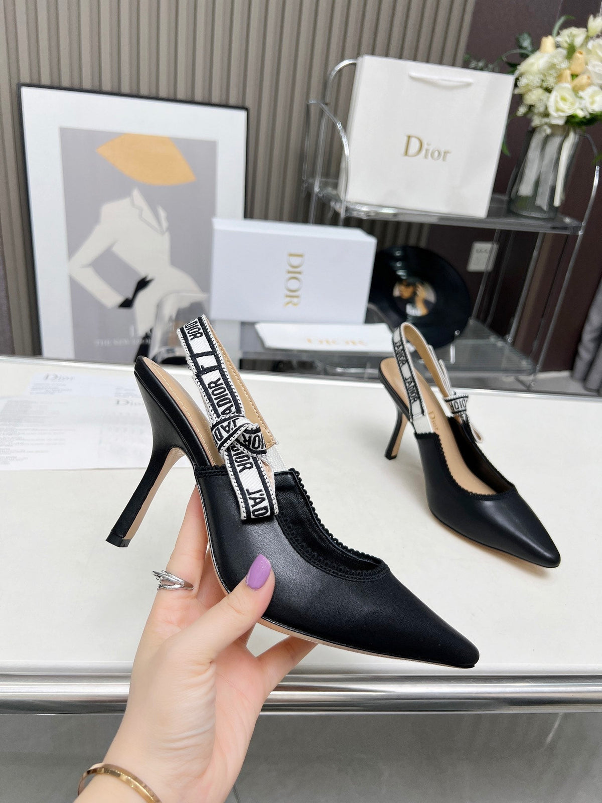 J'ADIOR SLINGBACK PUMP BLACK CALFSKIN AND BLACK EMBROIDERED FABRIC 10 CM