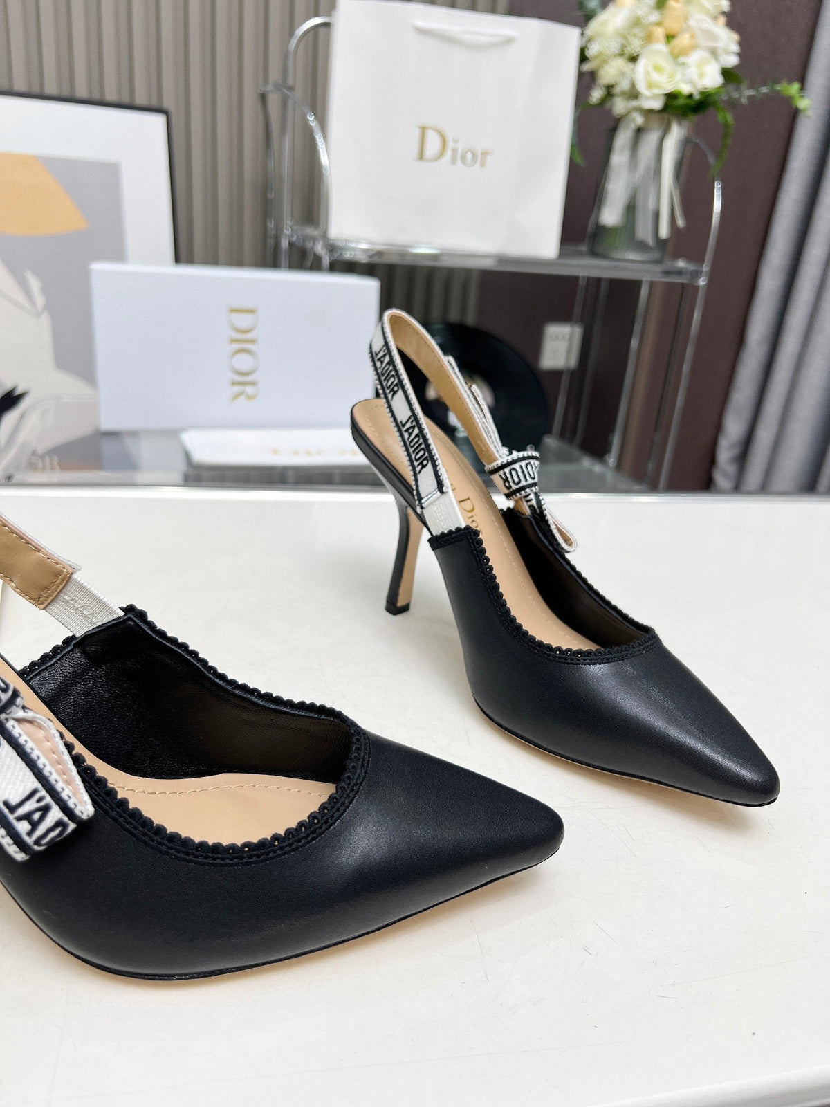 J'ADIOR SLINGBACK PUMP BLACK CALFSKIN AND BLACK EMBROIDERED FABRIC 10 CM