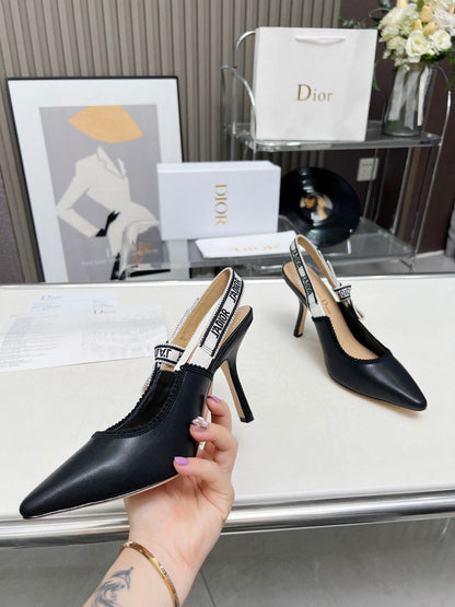 J'ADIOR SLINGBACK PUMP BLACK CALFSKIN AND BLACK EMBROIDERED FABRIC 10 CM