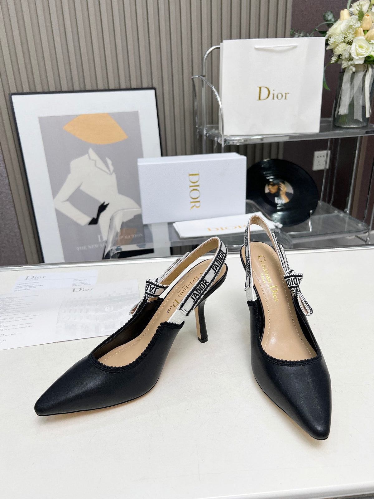 J'ADIOR SLINGBACK PUMP BLACK CALFSKIN AND BLACK EMBROIDERED FABRIC 10 CM