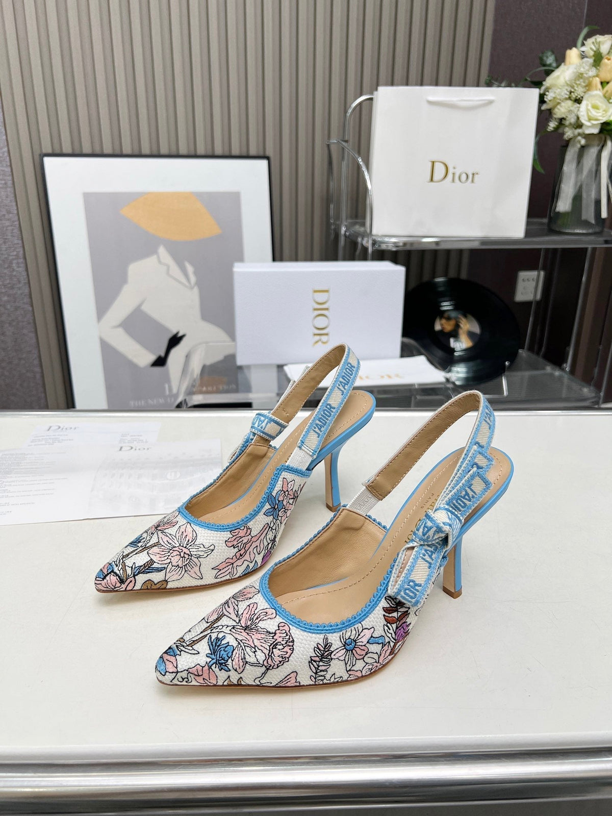 J'ADIOR SLINGBACK PUMP COLORFUL NATURAL RAFFIA AND EMBROIDERED COTTON 10 CM 130858
