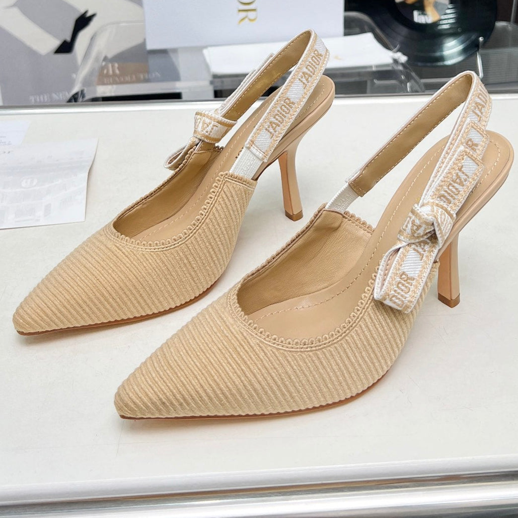J'ADIOR SLINGBACK PUMP NATURAL RAFFIA AND BEIGE EMBROIDERED COTTON 10 CM