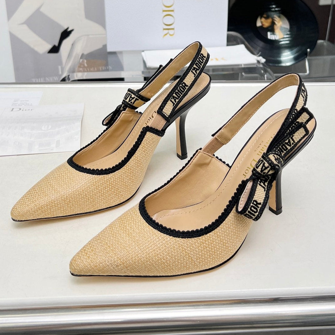 J'ADIOR SLINGBACK PUMP NATURAL RAFFIA AND BLACK EMBROIDERED COTTON 10 CM