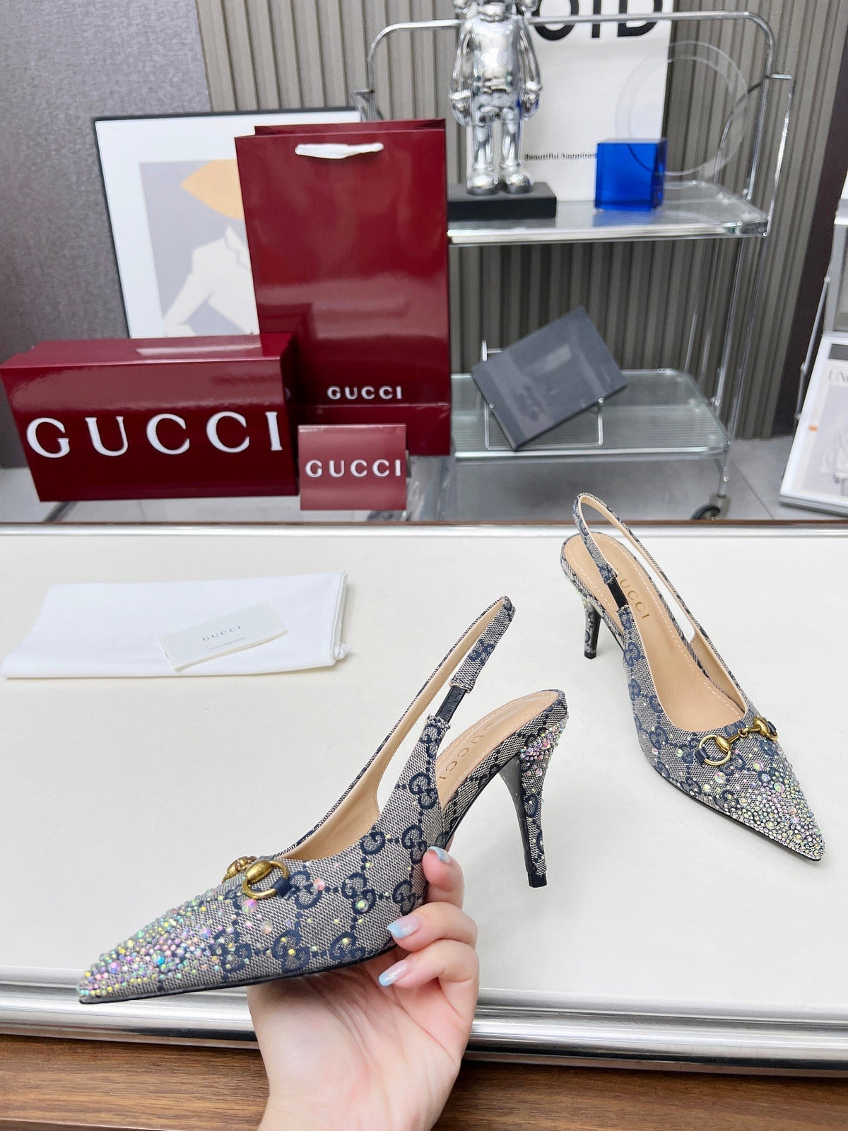 HORSEBIT SLINGBACKS IN DOVE GRAY MONOGRAM FABRIC WITH CRYSTALS