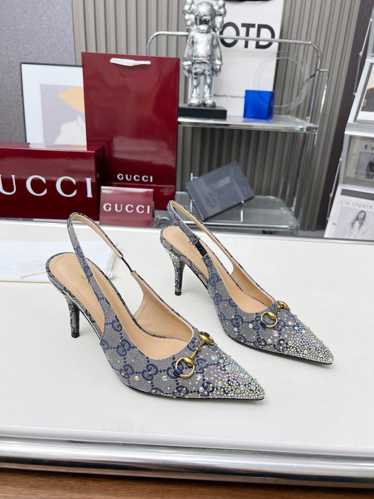 HORSEBIT SLINGBACKS IN DOVE GRAY MONOGRAM FABRIC WITH CRYSTALS