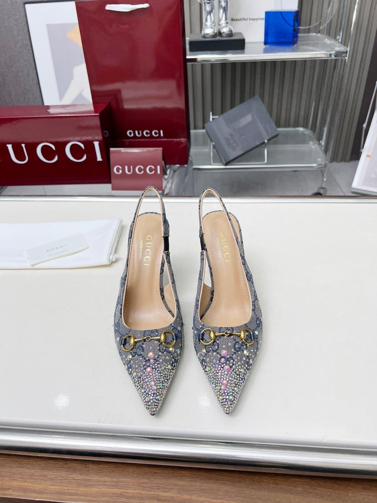 HORSEBIT SLINGBACKS IN DOVE GRAY MONOGRAM FABRIC WITH CRYSTALS