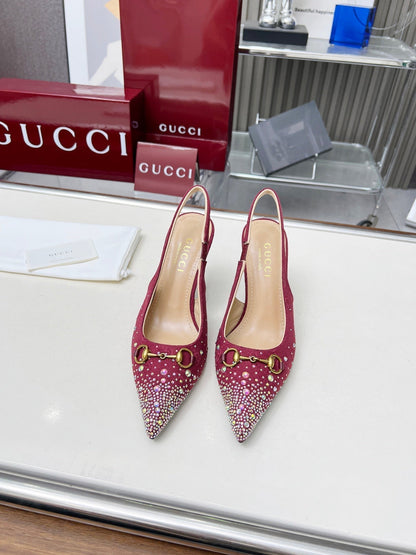 HORSEBIT SLINGBACKS IN CHERRY RED MONOGRAM FABRIC WITH CRYSTALS