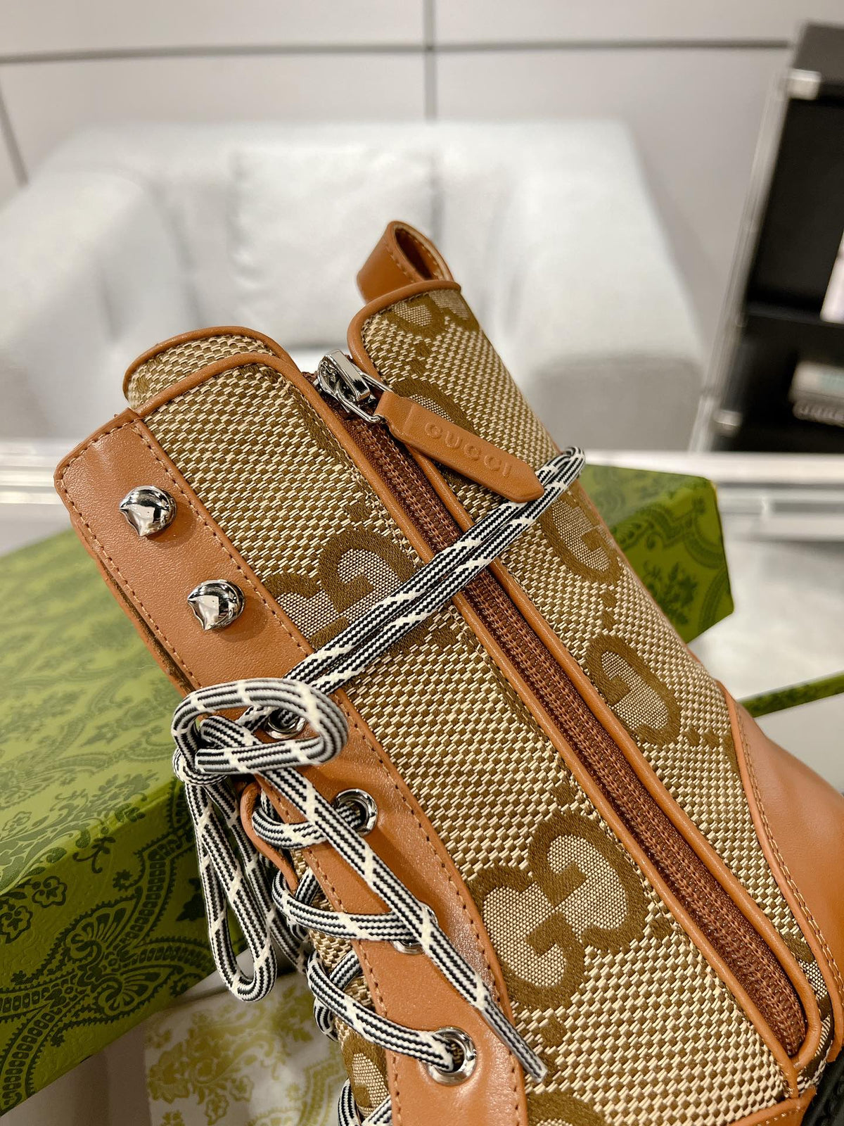 GG LACE-UP SHORT BOOTS IN CINNAMON BROWN CANVAS MIX CALFSKIN