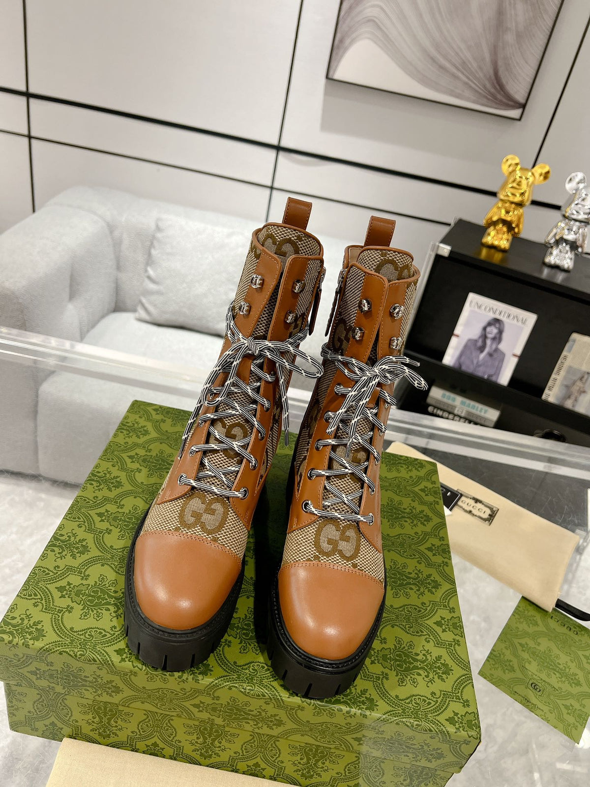 GG LACE-UP SHORT BOOTS IN CINNAMON BROWN CANVAS MIX CALFSKIN
