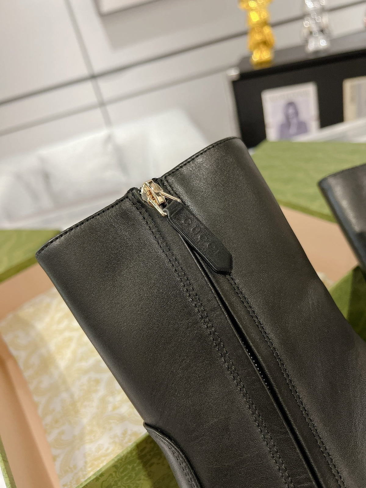GG ANKLE BOOTS IN BLACK CALFSKIN WITH GOLD PLATED HEEL