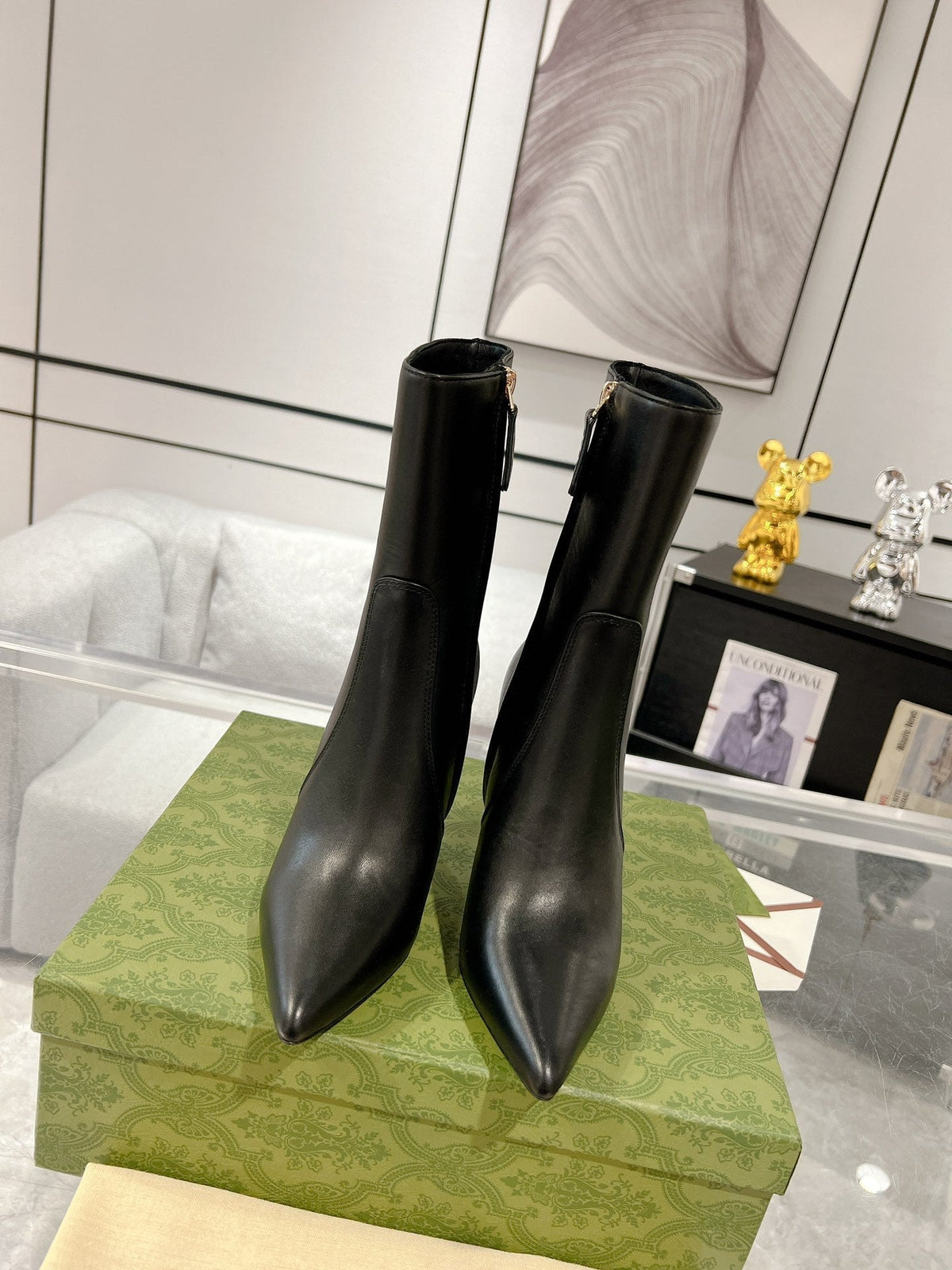 GG ANKLE BOOTS IN BLACK CALFSKIN WITH GOLD PLATED HEEL