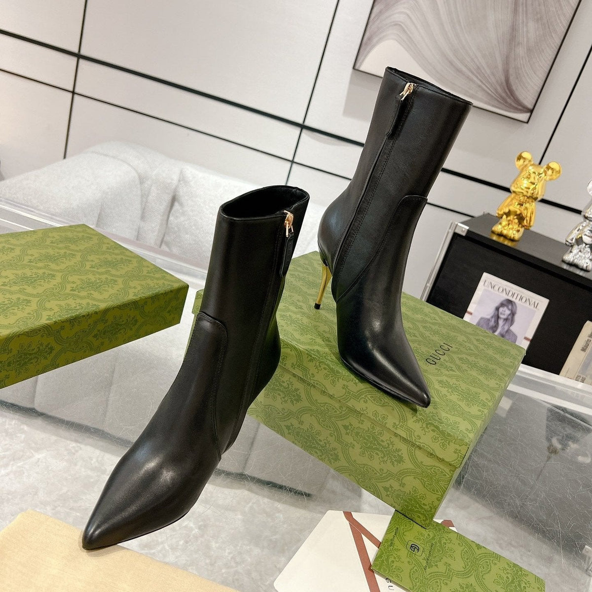GG ANKLE BOOTS IN BLACK CALFSKIN WITH GOLD PLATED HEEL