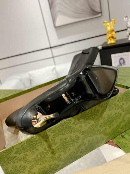 GG ANKLE BOOTS IN BLACK CALFSKIN WITH GOLD PLATED HEEL