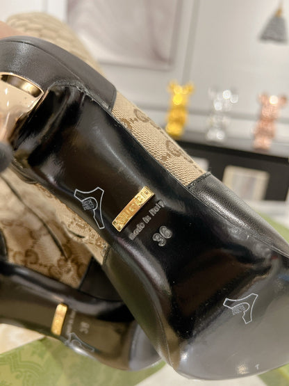 GG KNEE BOOTS IN BEIGE MONOGRAM JACQUARD FABRIC AND BLACK CALFSKIN