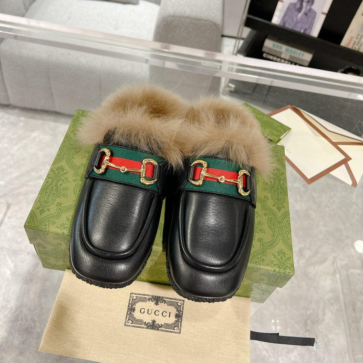 HORSEBIT MULE WITH WEB IN BLACK CALFSKIN MIX MINK FUR