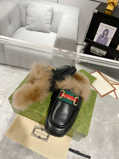 HORSEBIT MULE WITH WEB IN BLACK CALFSKIN MIX MINK FUR