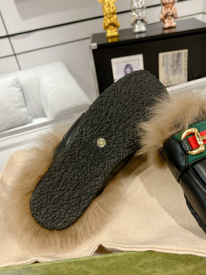 HORSEBIT MULE WITH WEB IN BLACK CALFSKIN MIX MINK FUR