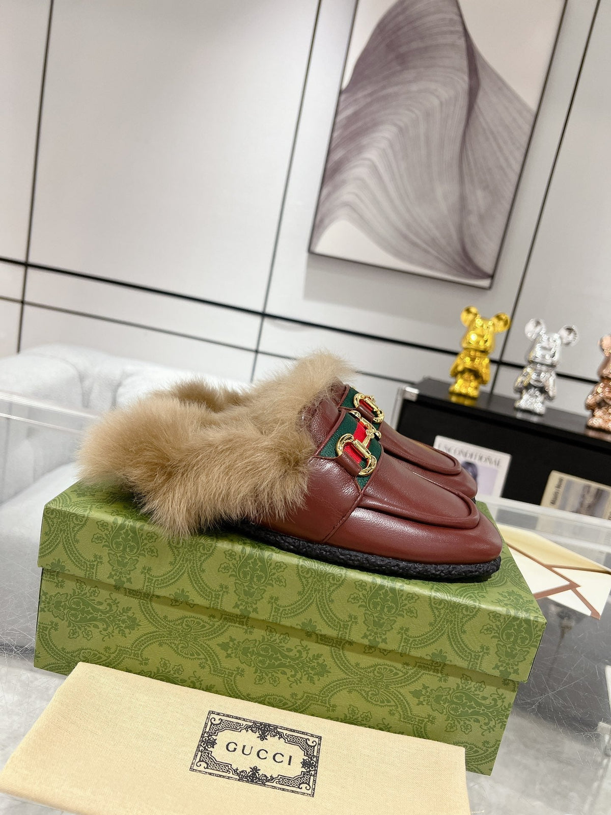 HORSEBIT MULE WITH WEB IN WINE RED CALFSKIN MIX MINK FUR