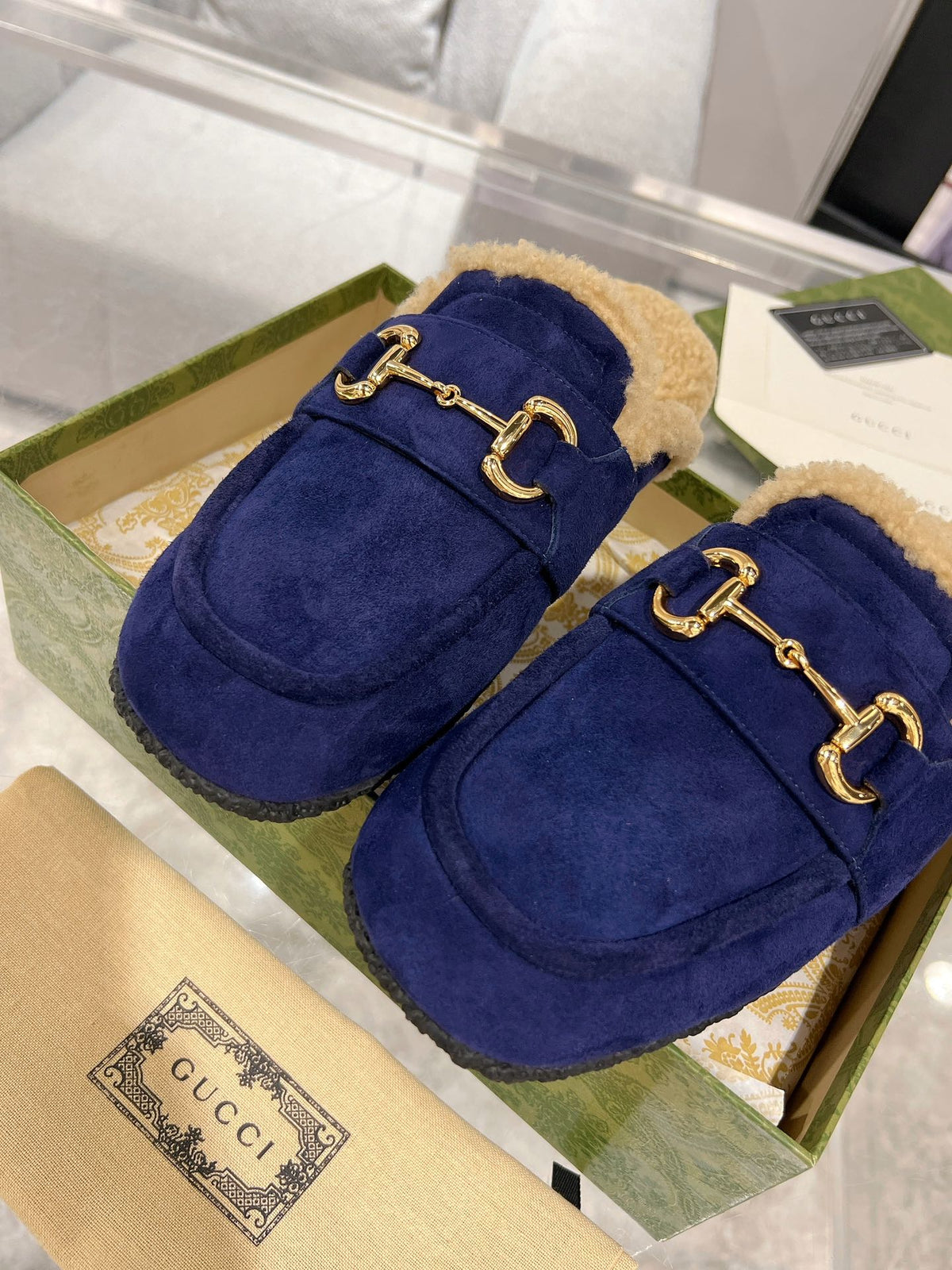 HORSEBIT MULE IN ROYAL BLUE SUEDE AND FLEECE LINING