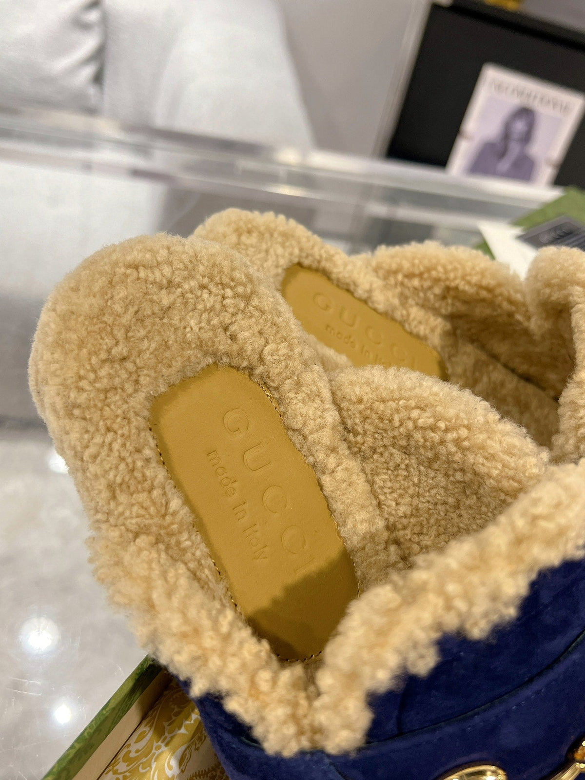 HORSEBIT MULE IN ROYAL BLUE SUEDE AND FLEECE LINING