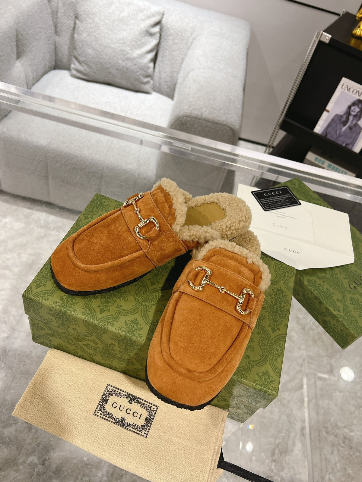 HORSEBIT MULE IN BRONZE ORANGE SUEDE AND FLEECE LINING
