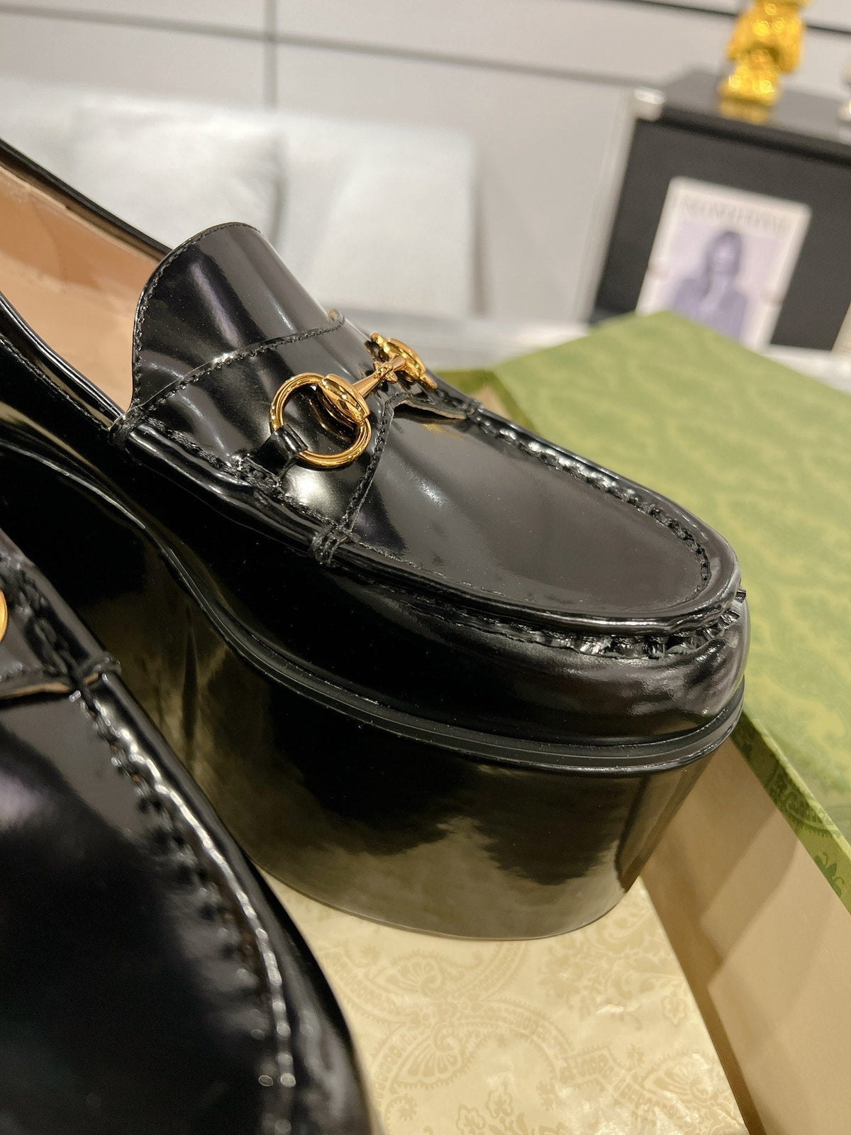 GG HORSEBIT PLATFORM LOAFER GLOSSY BLACK CALFSKIN